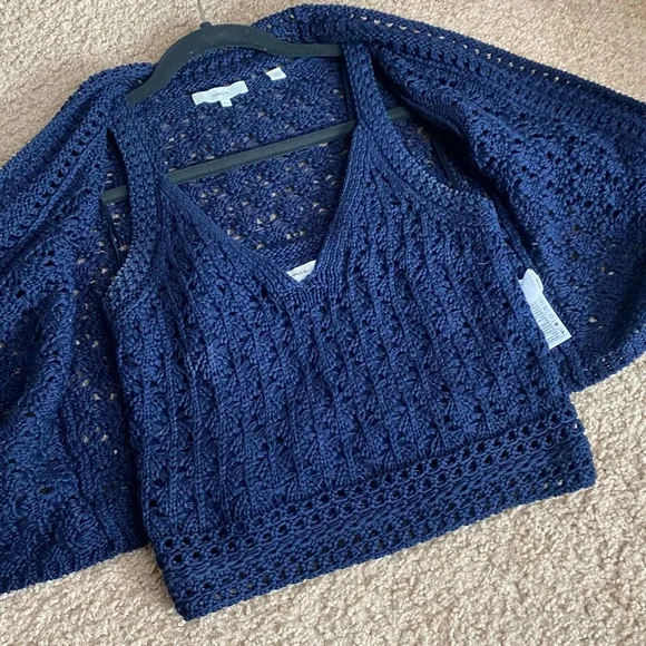 VINCE NAVY COTTON CROCHET SWEATER & TANK SET XXS/XS - Picture 4 of 15